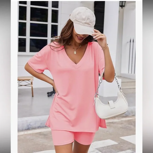Ekouaer (Amazon) Oversized Tee and Biker Shorts Loungewear Set in Orange Pink - Picture 2 of 13
